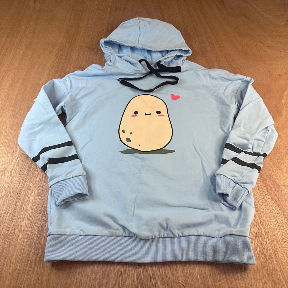Girls XS Kawaii Potato Hoodie Light Blue Cute Graphic Pullover Sweatshirt